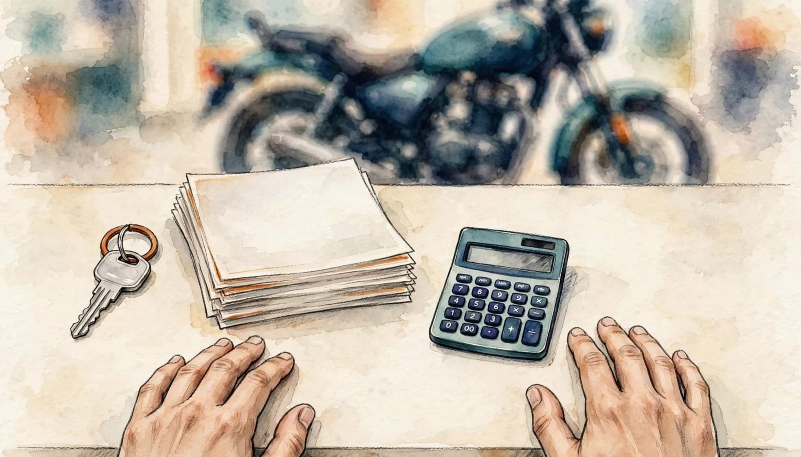 Petroheadz Two hands rest beside motorcycle papers, a key, and a calculator, with a motorcycle blurred behind them.