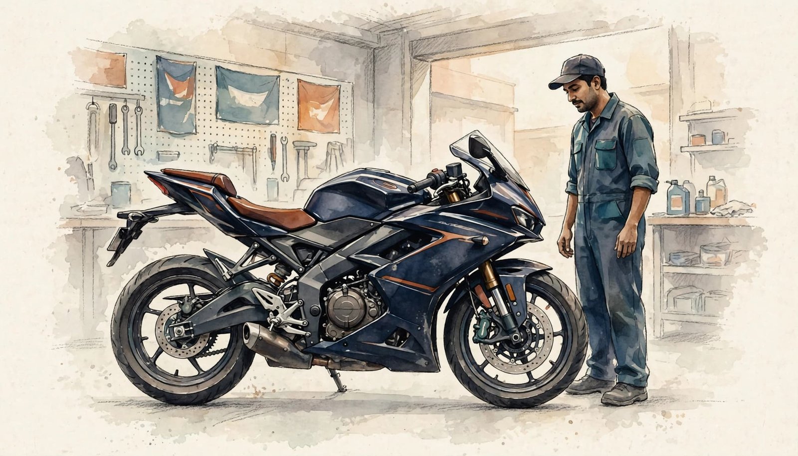 Petroheadz A mechanic inspects a sport motorcycle in a bright garage.