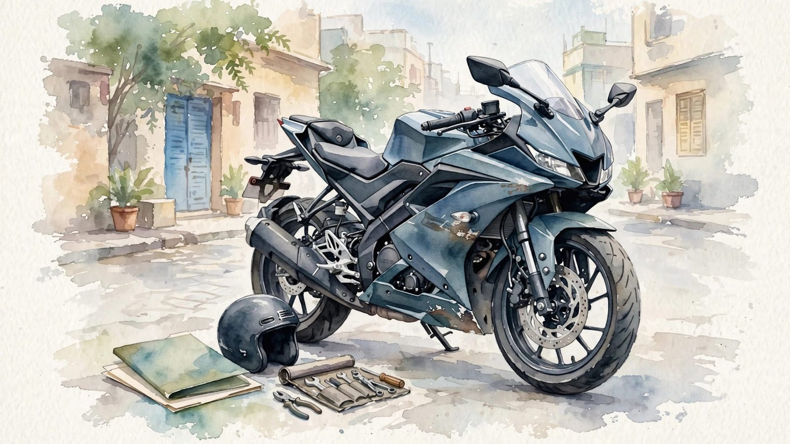 A scuffed sport motorcycle beside an insurance folder, helmet, and toolkit.