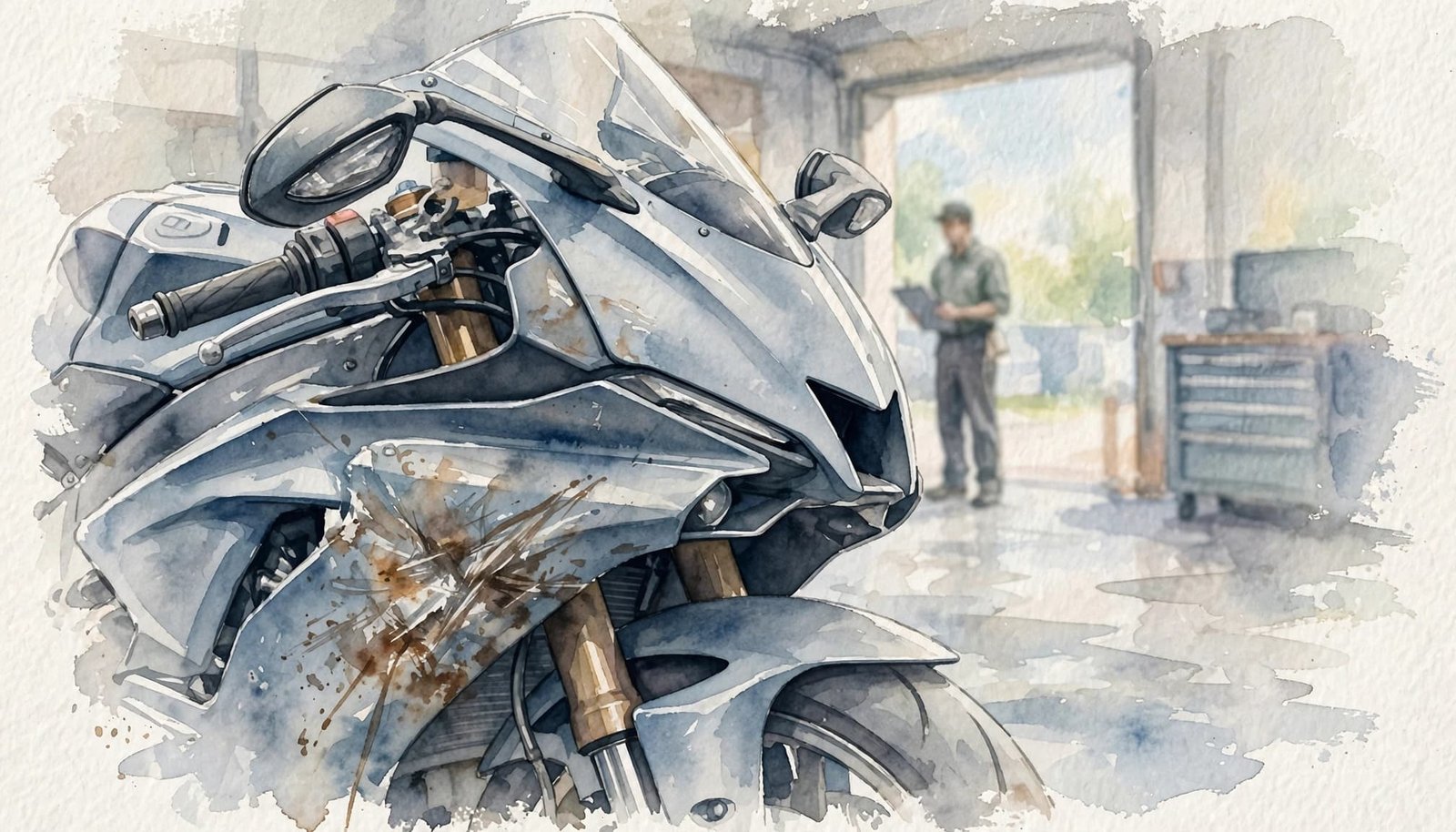 A damaged motorcycle in a service bay with a mechanic holding a clipboard in the background.