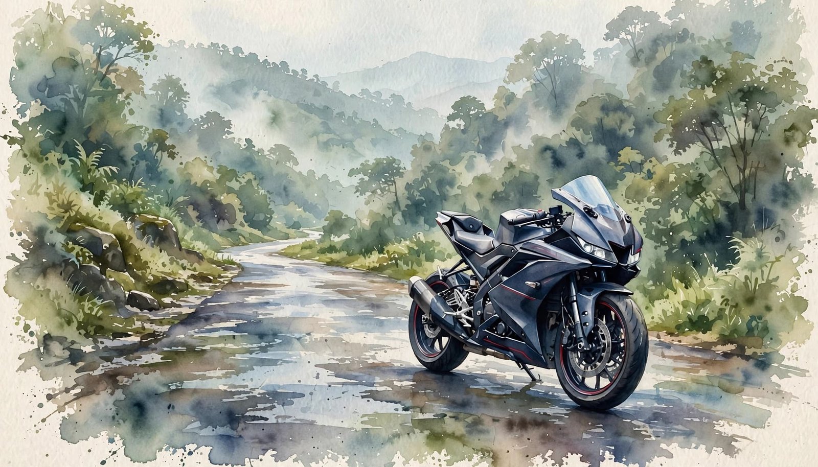 A sport motorcycle rests on a wet road beneath misty green hills.